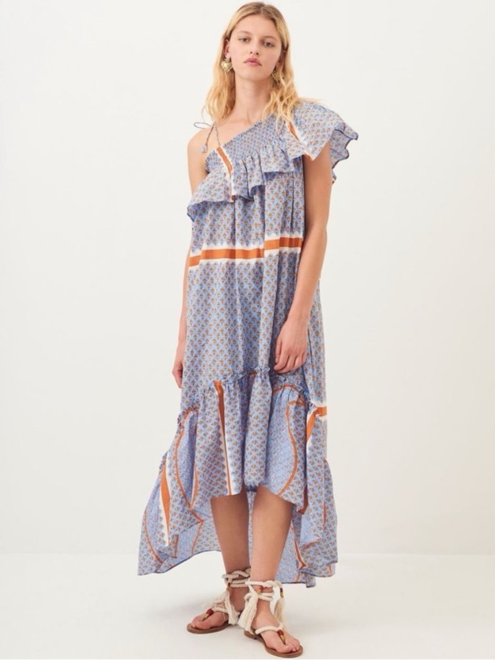 ANTIK BATIK Gisele One Shoulder Dress 100% Cotton Boho High-Low Maxi Size Small